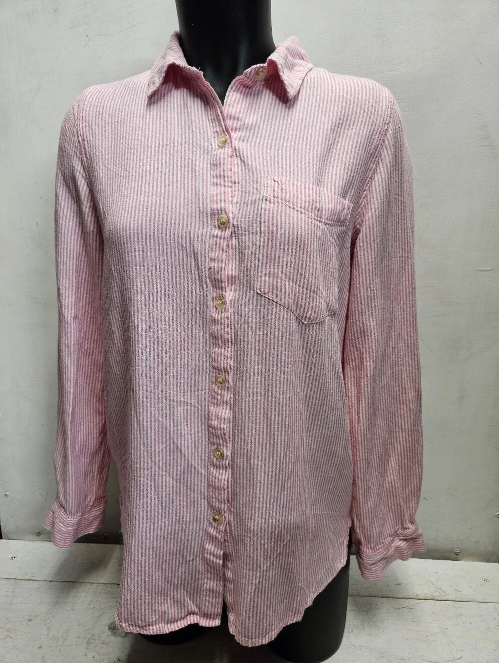 Be Cool pink/white Stripe Small Long Sleeve Casual Top Shirt Rayon Linen